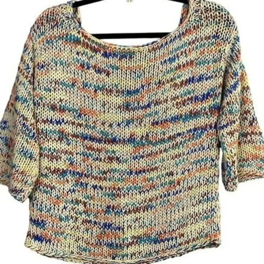 Zara Chunky Knit Relaxed Sweater 3/4 Sleeve Scoop Back S Multicolorfull Cream